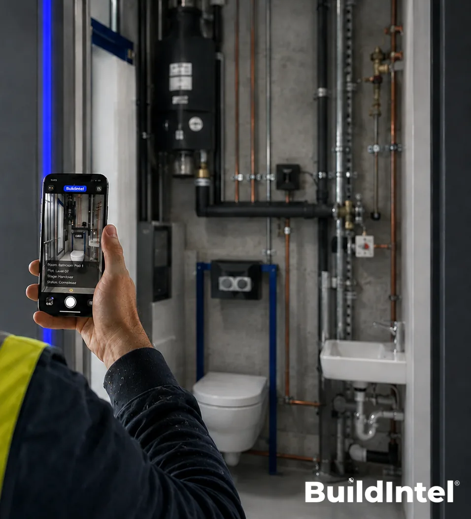 Completed bathroom pod plumbing recorded with the BuildIntel app for handover