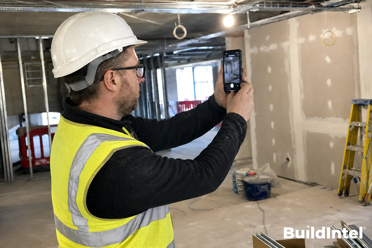Construction worker photographing drylining progress with the BuildIntel app on site