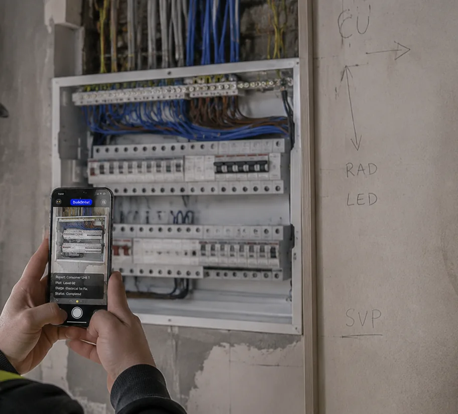 Consumer unit photographed with the BuildIntel app during Electrical First Fix