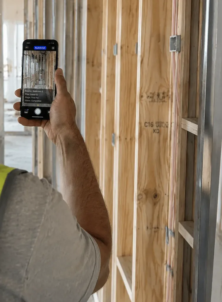 BuildIntel app recording timber stud framing at First Fix stage