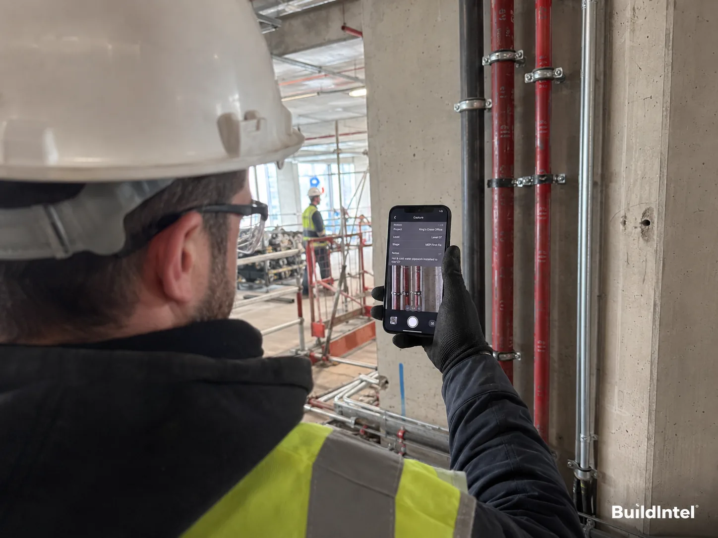 BuildIntel Camera app capturing First Fix pipework on a commercial construction project