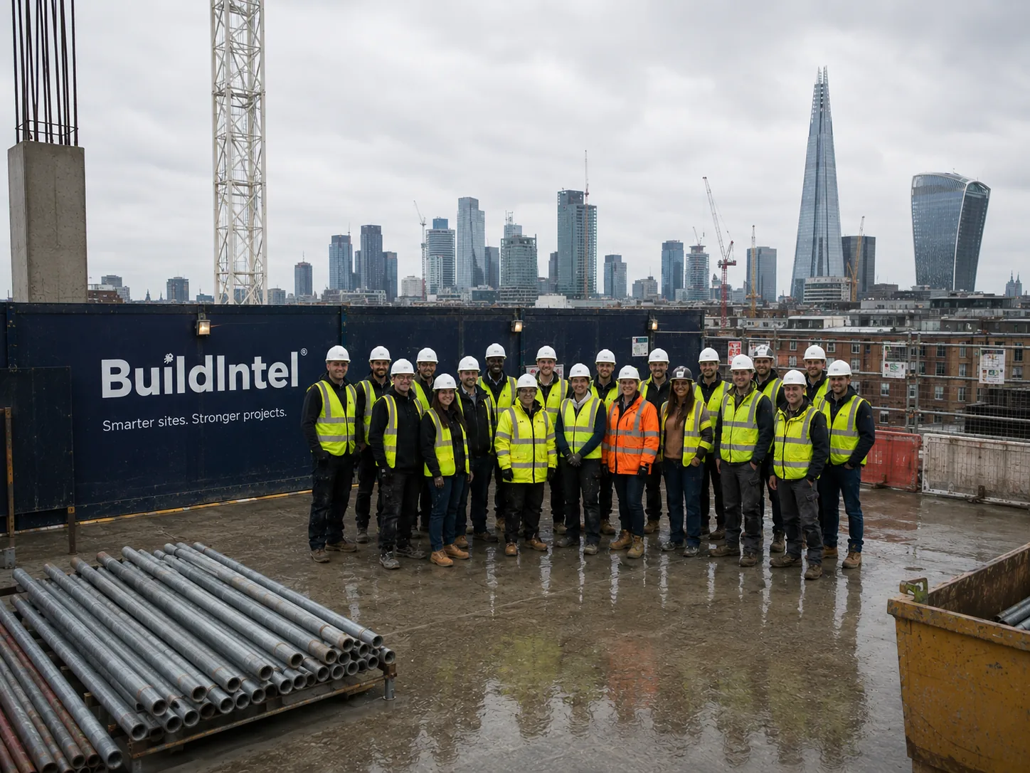 BuildIntel construction team in hard hats and hi-vis on a London building site with the city skyline behind