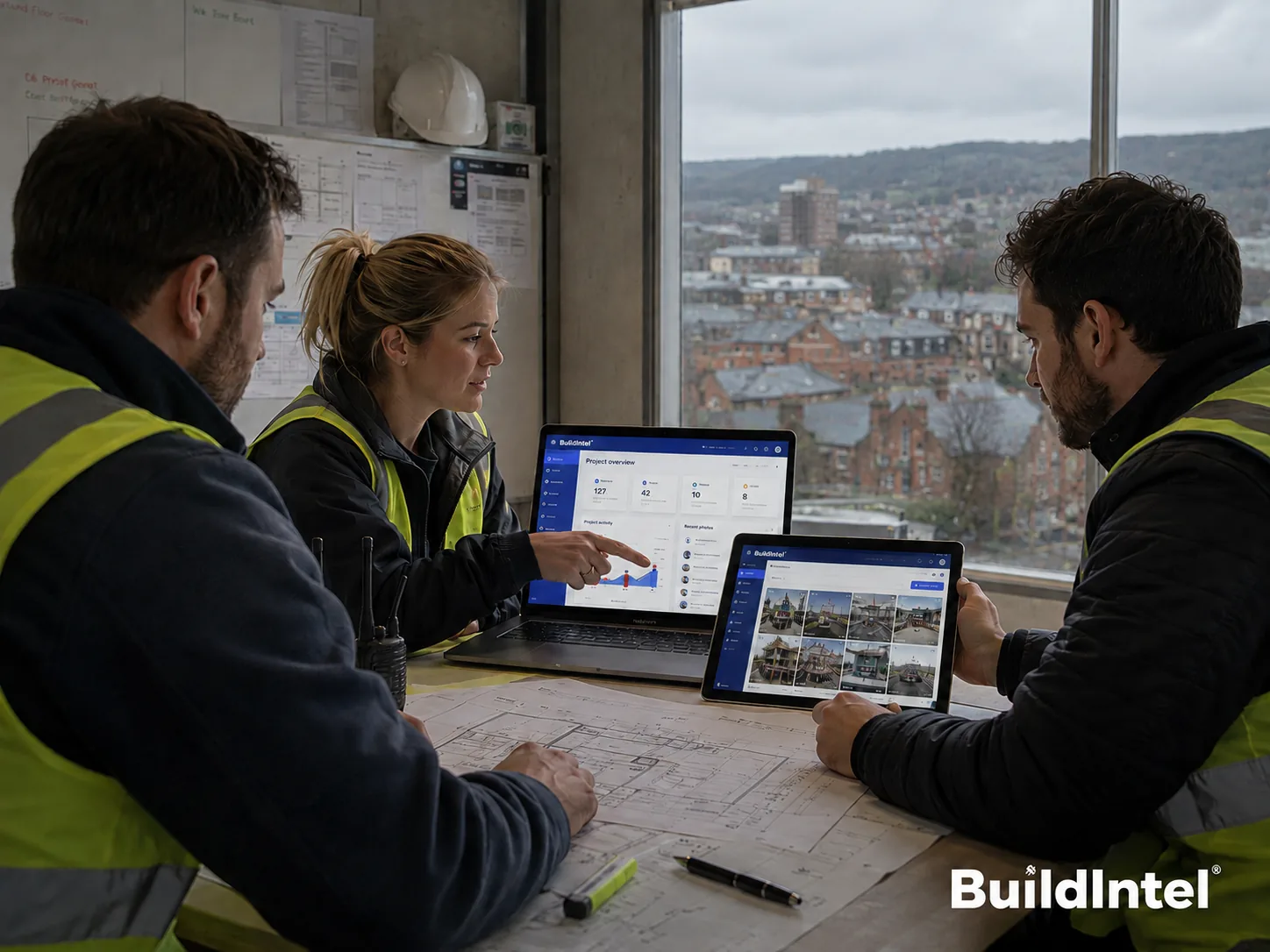 Construction site team reviewing the BuildIntel project dashboard on a laptop and tablet in a site office