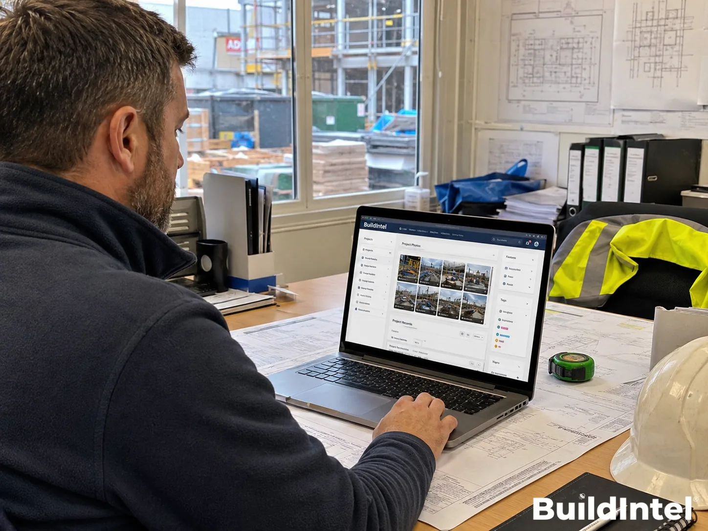 Site manager reviewing project photos in the BuildIntel dashboard on a laptop in a construction site office