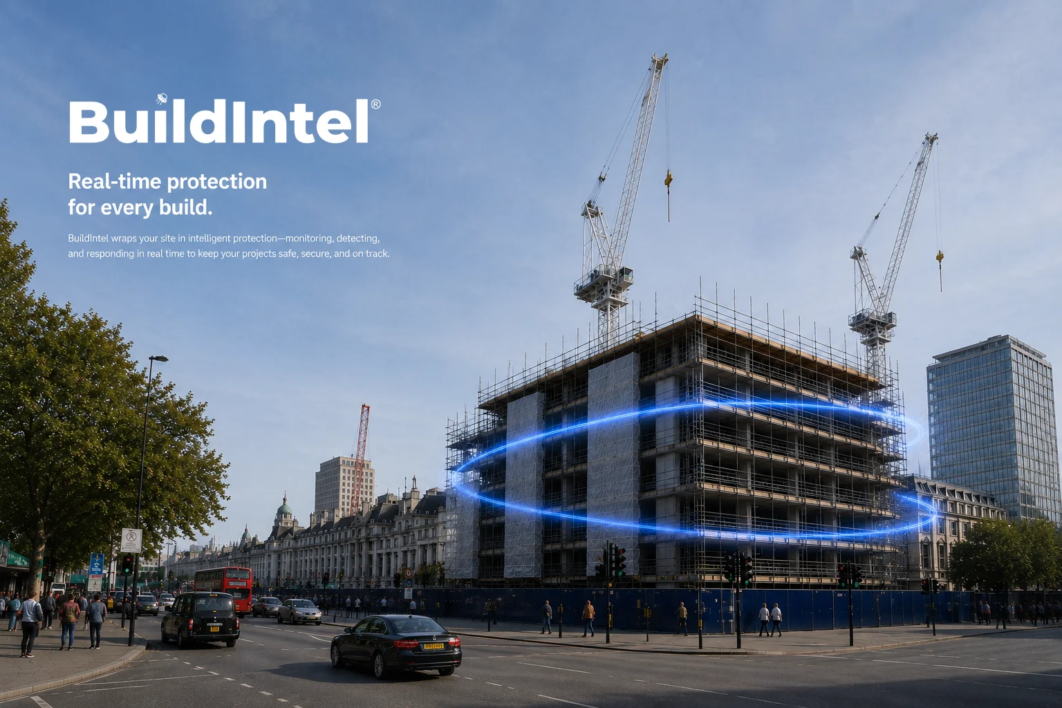 BuildIntel graphic showing protection around a London construction site with tower cranes