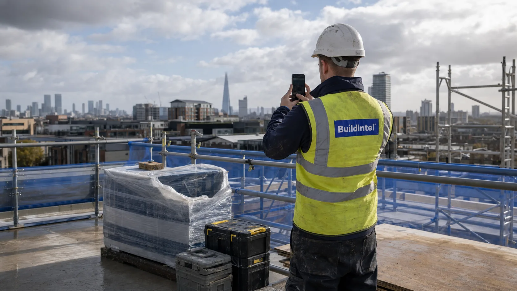 BuildIntel site worker in branded hi-vis photographing construction progress over the London skyline