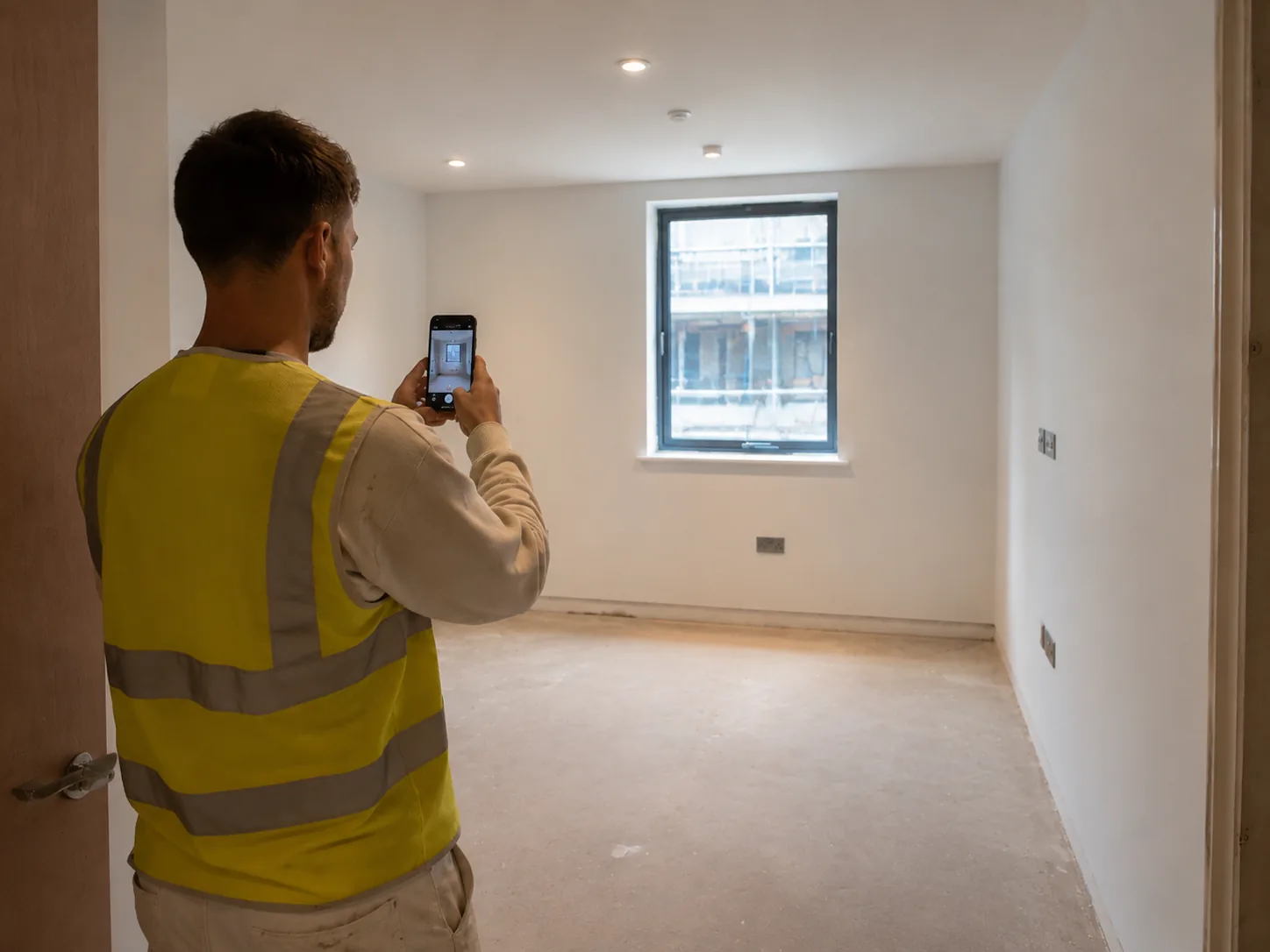 Site worker photographing a completed plastered room for BuildIntel handover records