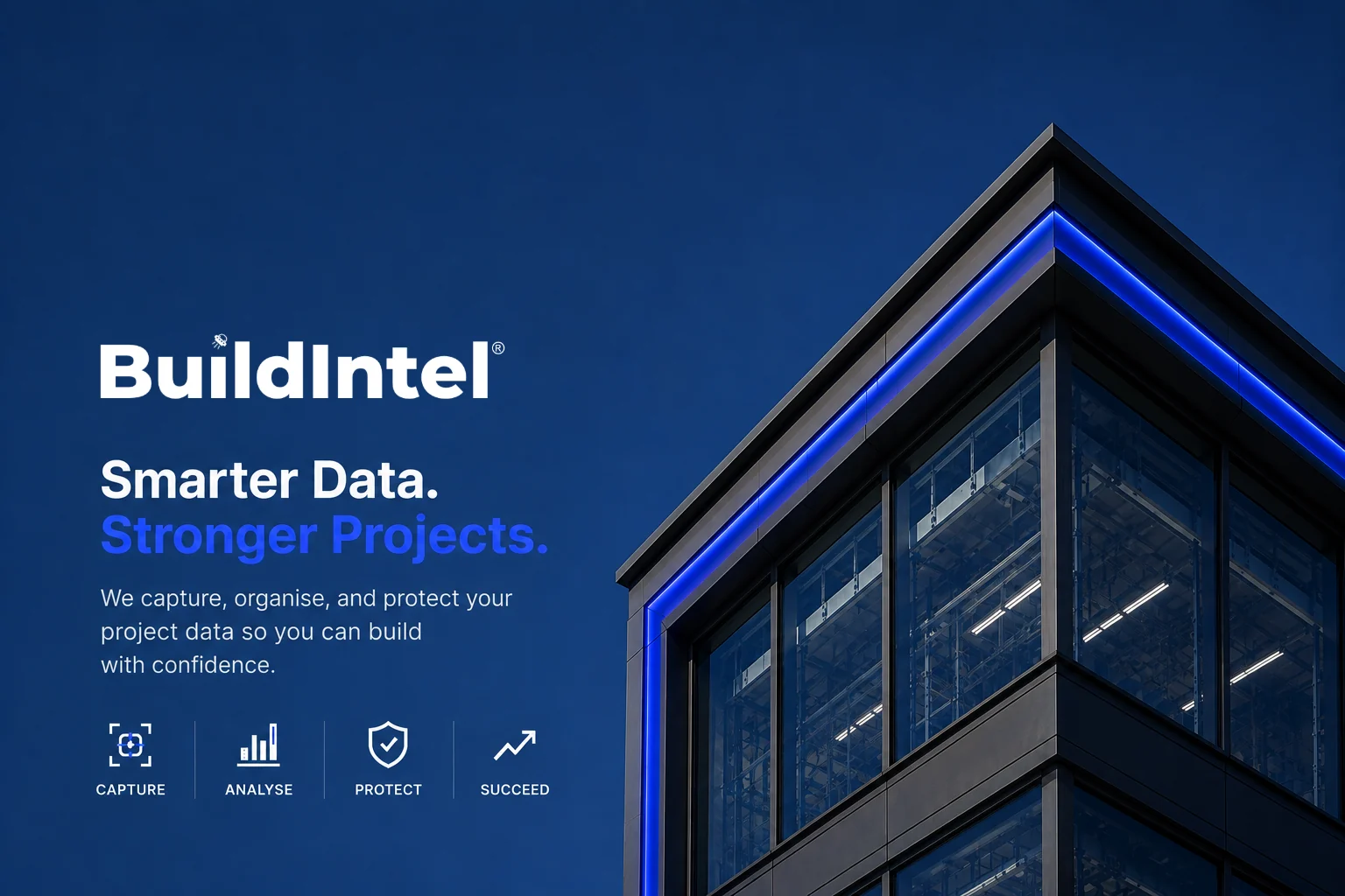 BuildIntel brand graphic reading Smarter Data Stronger Projects with a construction building at dusk